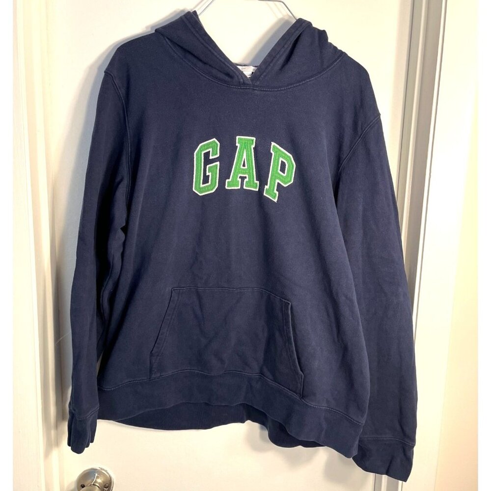 Gap Navy Blue Hoodie Green Logo Size XL Embroidered Spell Out Cotton Blend Soft